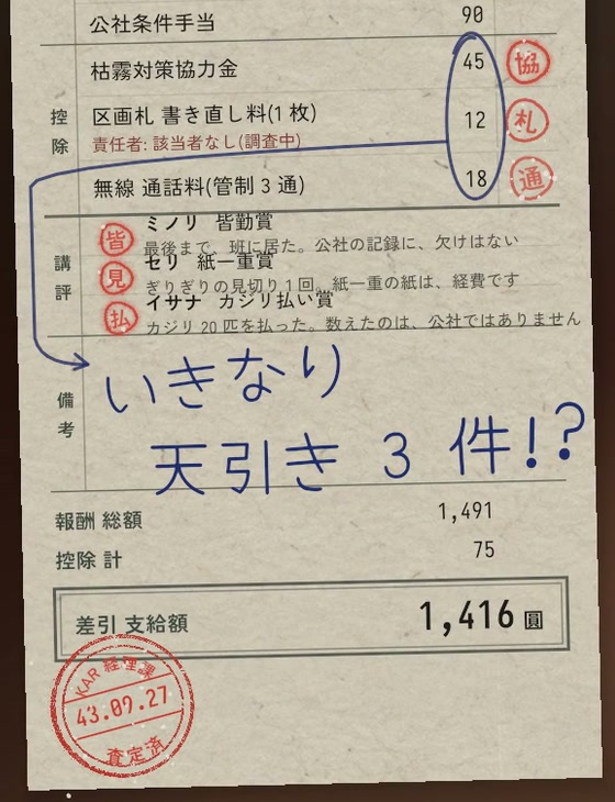 日本語の給与明細と天引きのゲーム画面